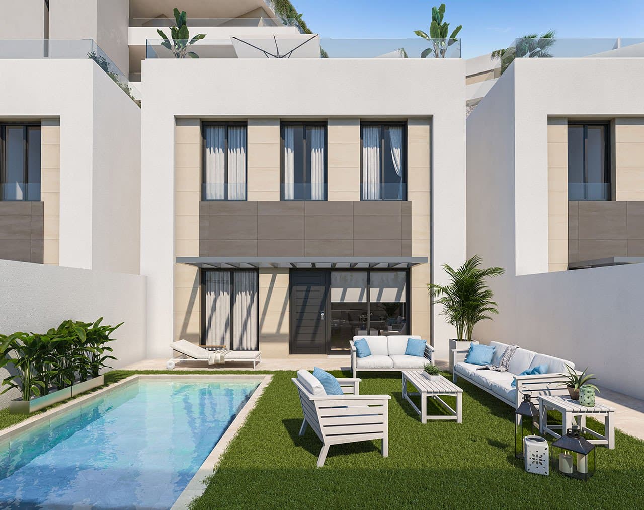 Villen mit 4 Schlafzimmern, 3 Bädern, Dachterrasse mit Meerblick, Tiefgaragenstellplatz und Gemeinschaftspool nur ca. 700 m vom Strand