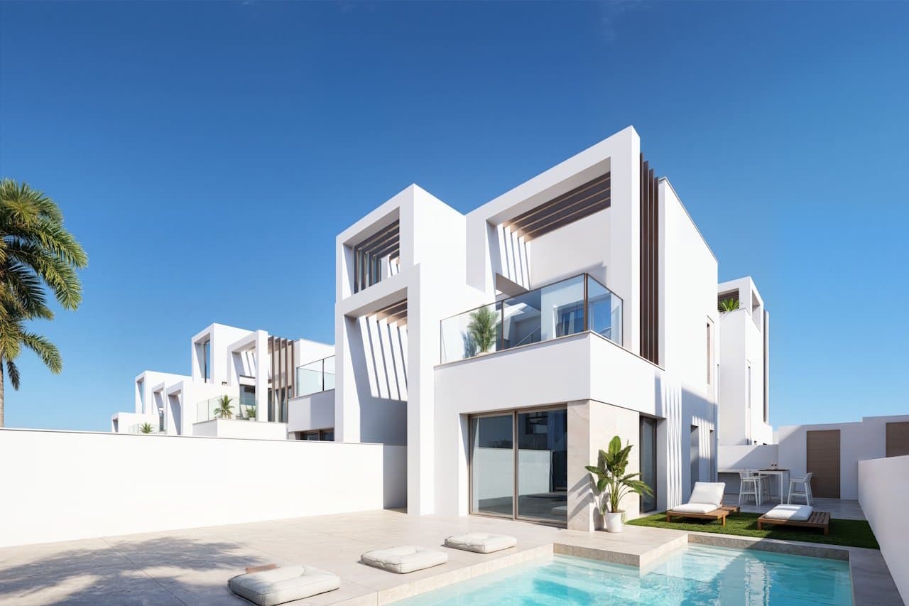 Quattrovillen mit 3 Schlafzimmern, Klimaanlage, Kfz-Stellplatz und Privatpool in einer wunderschönen Golfanlage und nur 500 m vom Strand