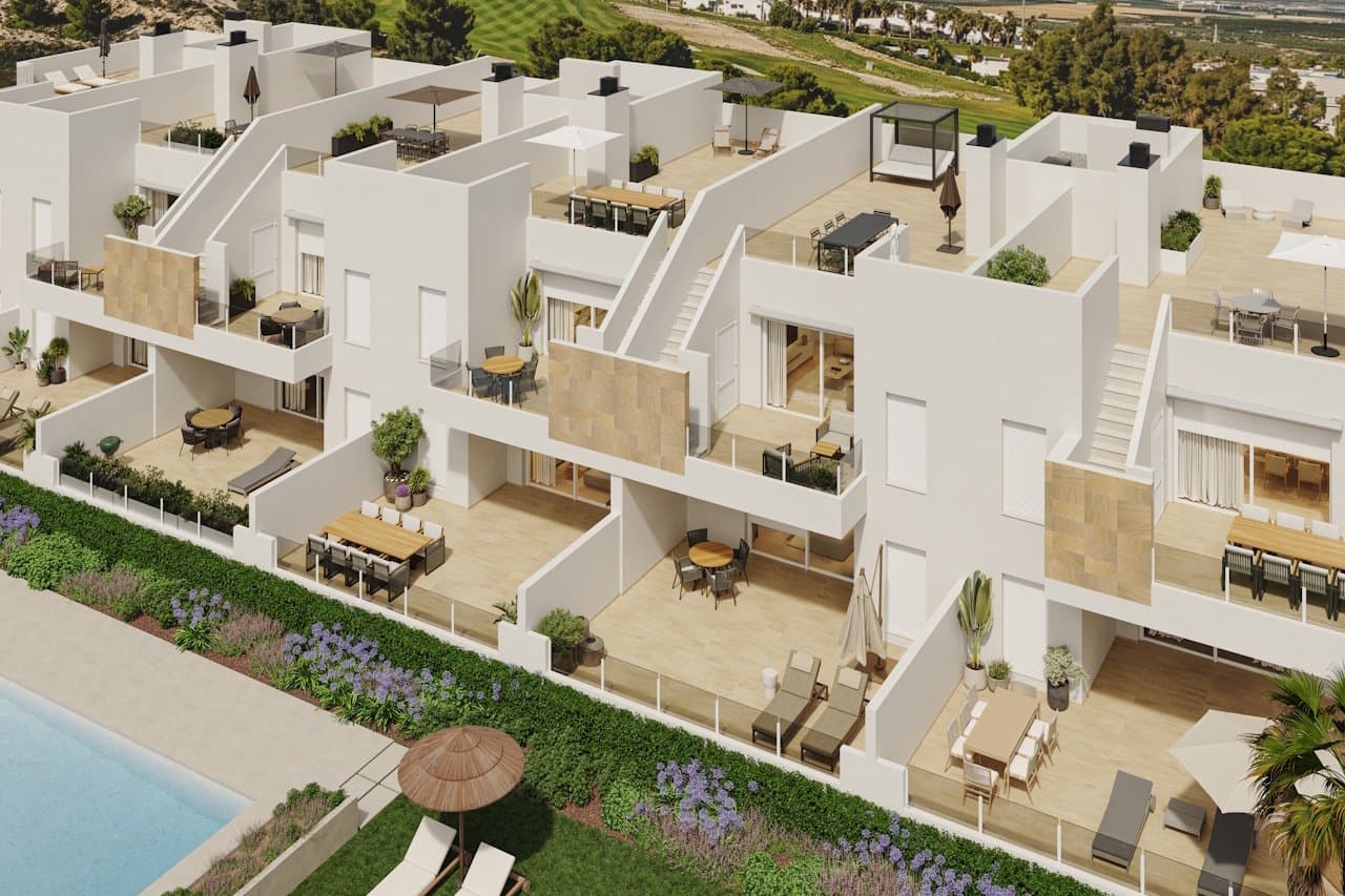Obergeschoss-Wohnungen mit 2 Schlafzimmern, 2 Bädern, Dachterrasse, Klimaanlage und Gemeinschaftspool im wunderschönen La Finca Golf Komplex