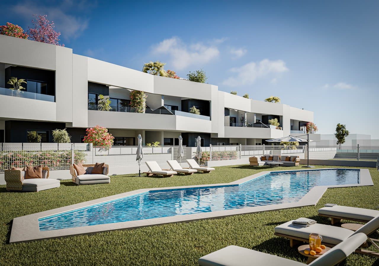 Obergeschoss-Wohnungen mit 2 Schlafzimmern, 2 Badezimmern, privater Dachterrasse und Gemeinschaftspool