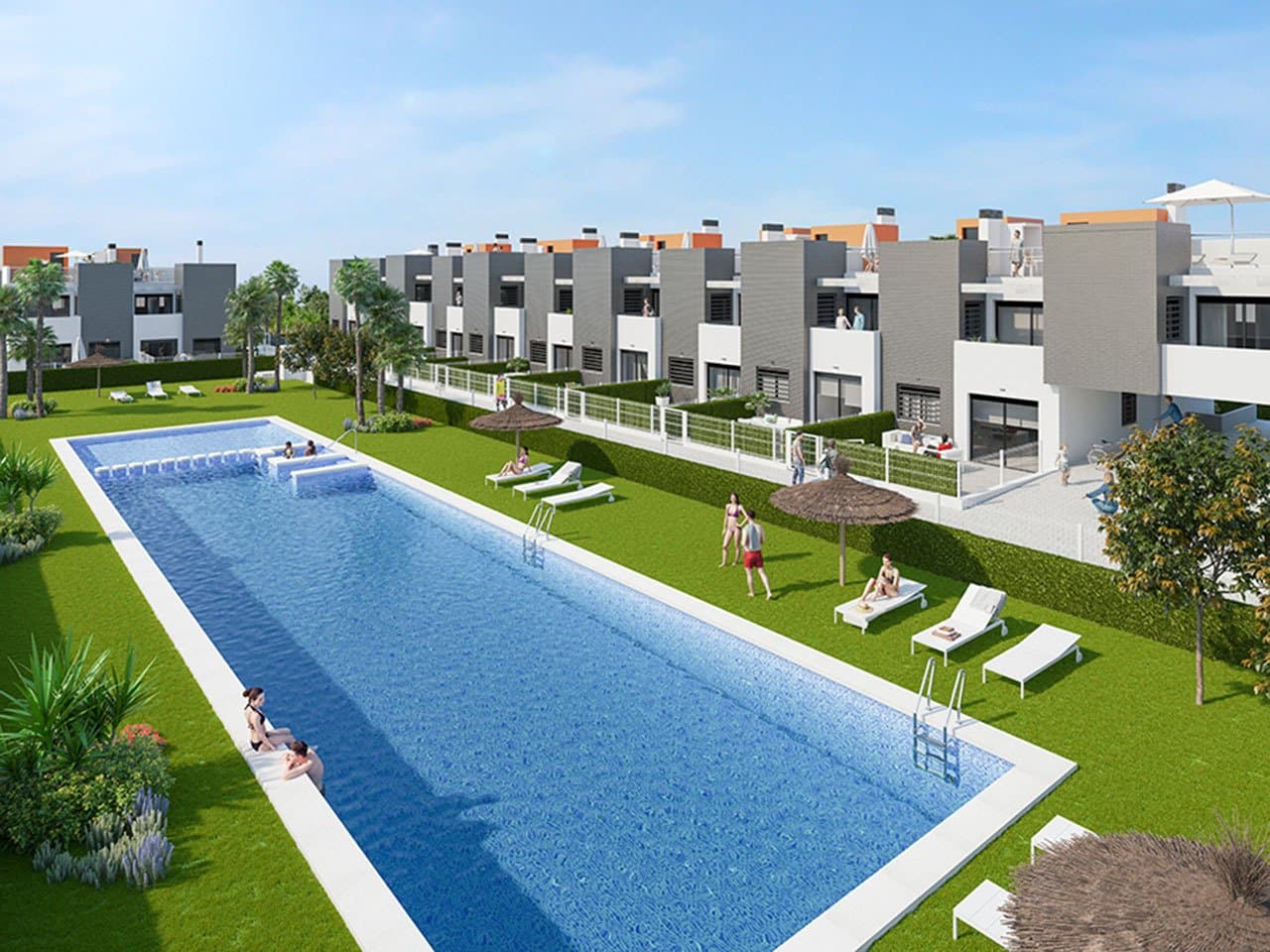 Obergeschoss-Wohnungen mit 2 Schlafzimmern, 2 Bädern, Dachterrasse, Tiefgaragenstellplatz und Gemeinschaftspool