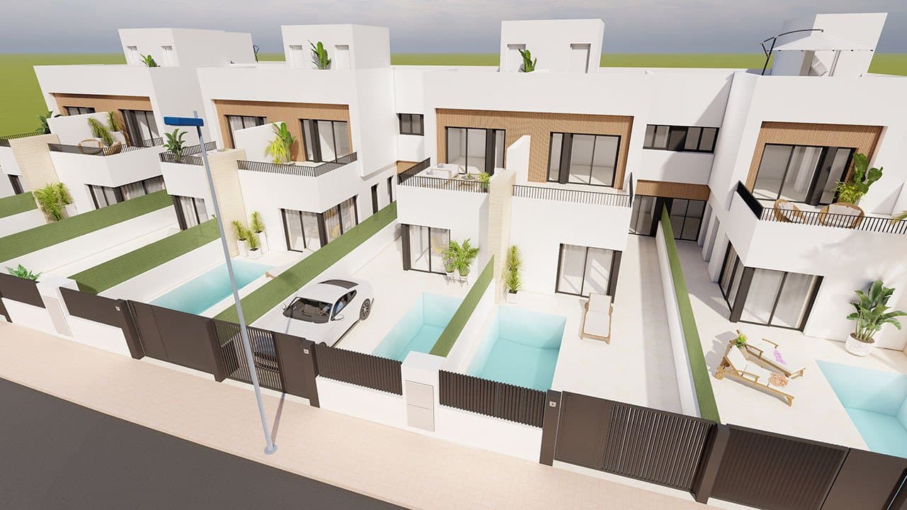 Reihenhaus-Villen mit 3 Schlafzimmern, 3 Bädern, Dachterrasse, Küchen mit Elektrogeräten, Privatpool und Kfz-Stellplatz nur 1,3 km vom Strand